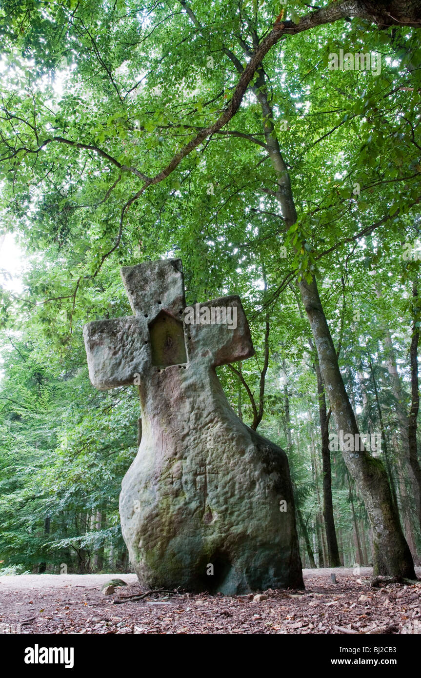 Frabillen, croix de pierre préhistoriques en forêt, Ernzen Plateau, Eifel, Rhénanie-Palatinat, Allemagne Banque D'Images