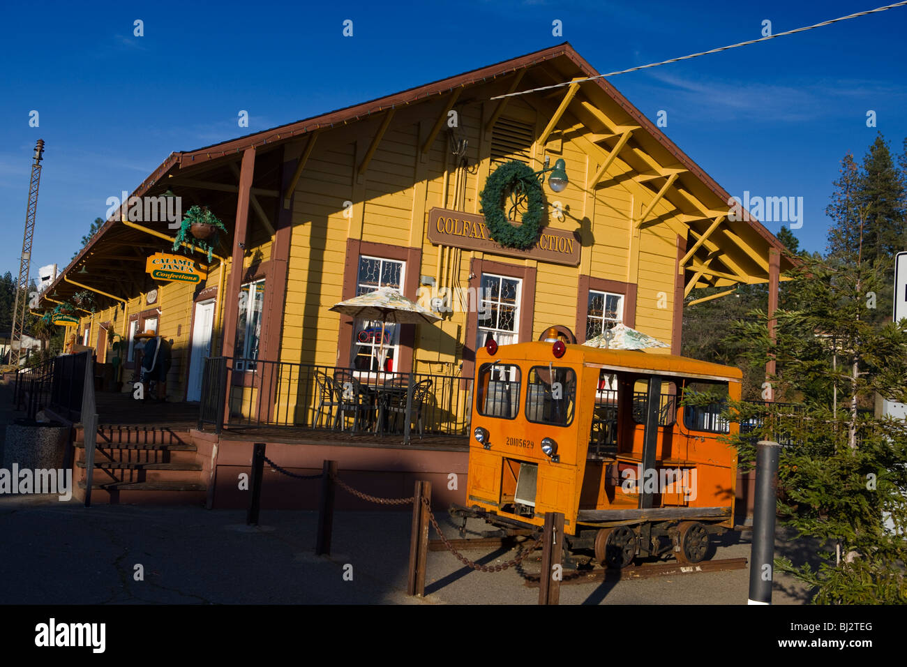 L'exploitation minière et de l'extérieur équipement ferroviaire Colfax Junction railroad station, Colfax, Californie, États-Unis d'Amérique Banque D'Images