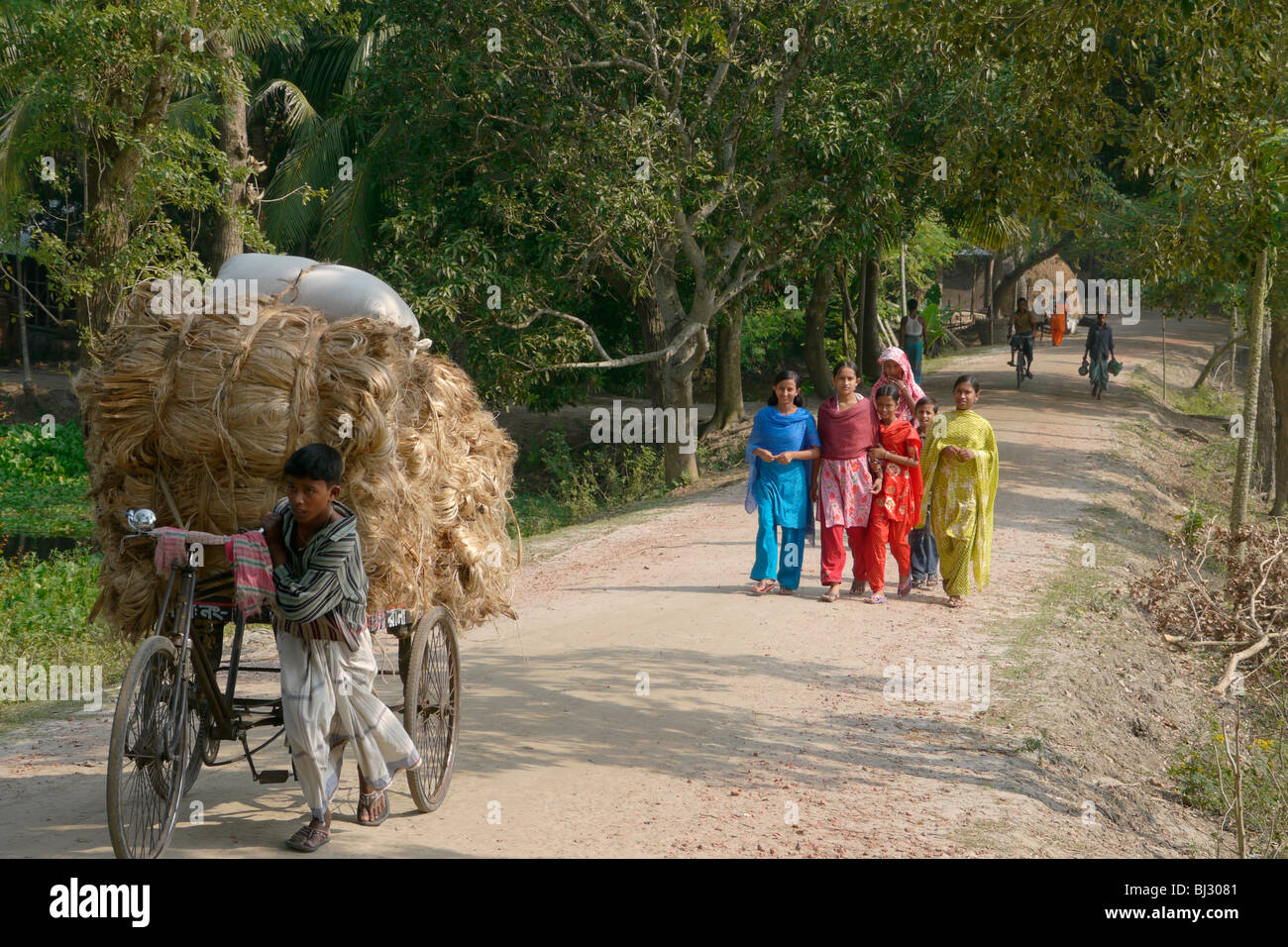Le Bangladesh Rural Scene, Narail. Garçon poussant charger de sisal. PHOTO par SEAN SPRAGUE Banque D'Images