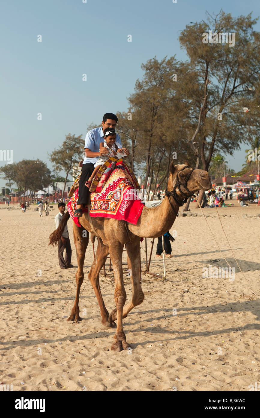 L'Inde, le Kerala, Calicut, Kozhikode beach, père et fille, profitant du chameau sur le sable Banque D'Images