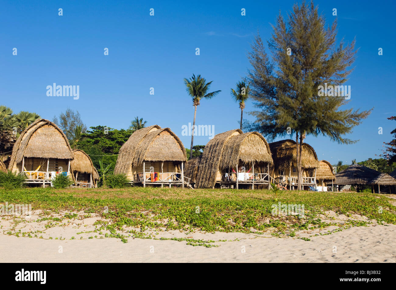 Cabanes sur le Palm Beach, le sable de la rivière Lanta Klong Nin Beach Resort, Ko Lanta ou l'île de Koh Lanta, Krabi, Thaïlande, Asie Banque D'Images
