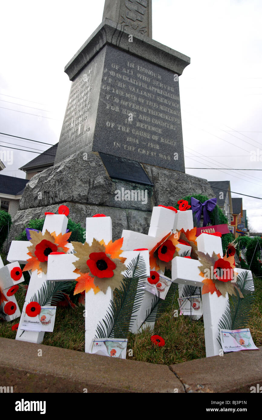 Les coquelicots et les croix portées à un cénotaphe le Jour du Souvenir au Canada Banque D'Images