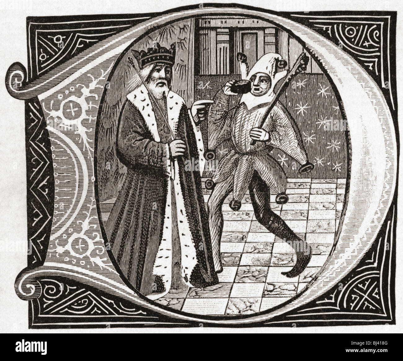 Roi et bouffon, début du 15ème siècle. Banque D'Images