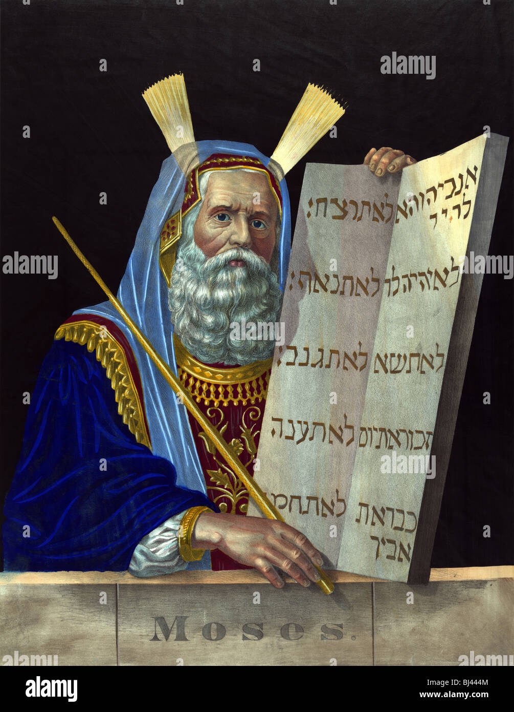 Lithographie couleur vers 1874 par Henry Schile représentant Moïse holding a tablet inscrit avec les Dix Commandements. Banque D'Images