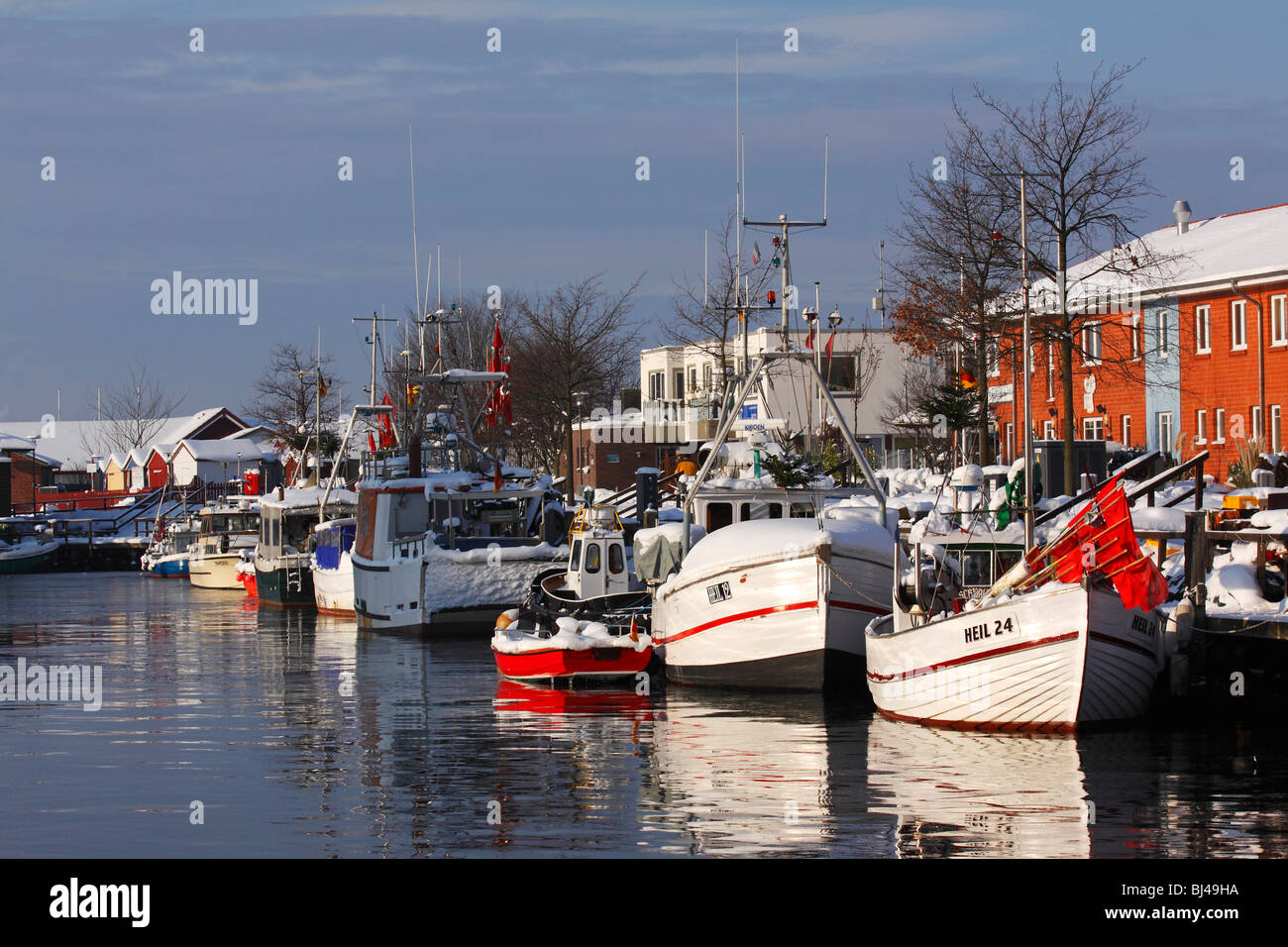 Bateaux de pêche dans le port de Zadar en hiver sur la côte de la mer Baltique, Ostholstein, Schleswig-Holstein district Kreis Banque D'Images