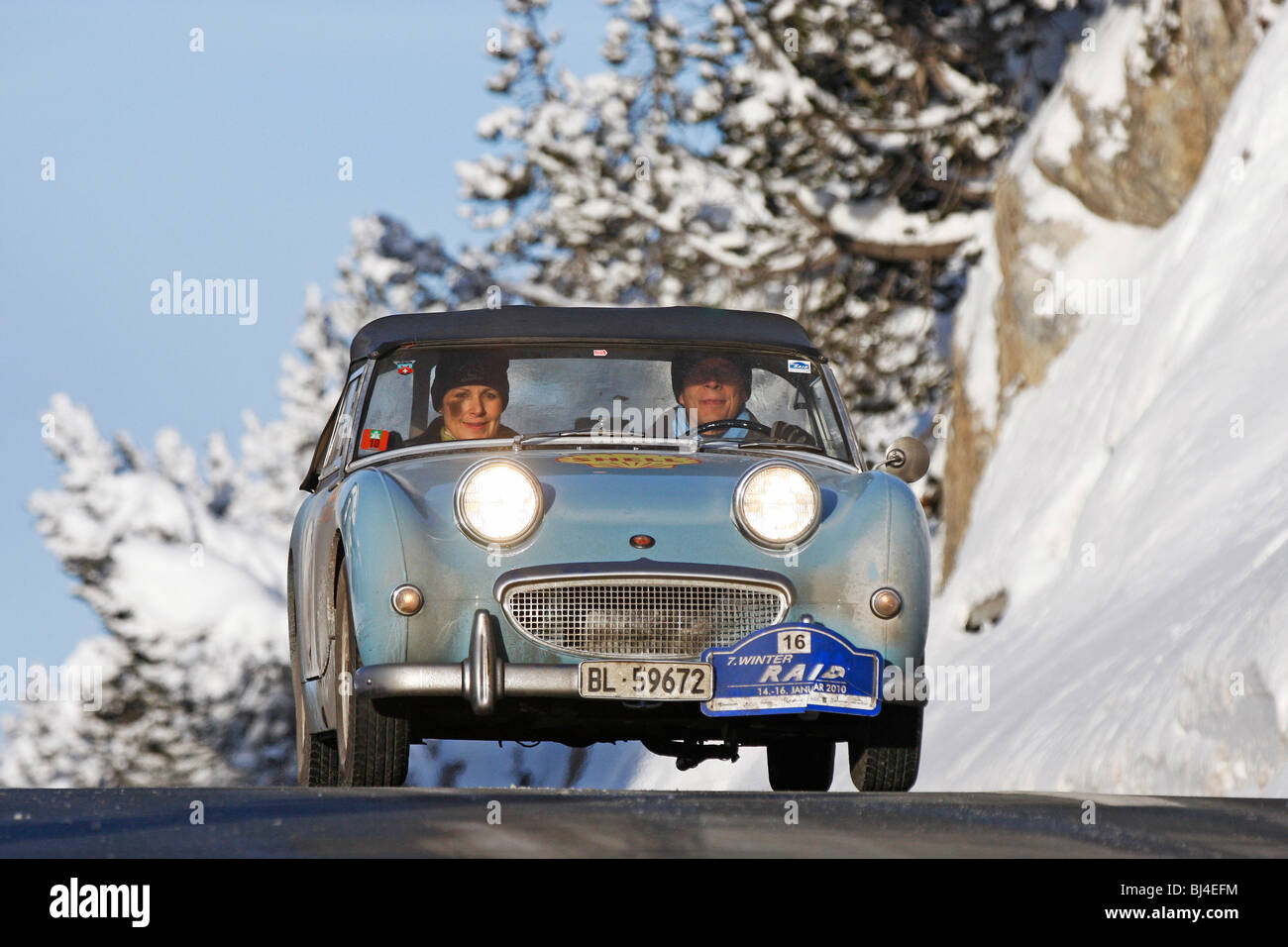 Austin Healey Sprite Frogeye MK 1, construit en 1959, Hiver 2010 Rallye Raid classique, Ofenpass, Suisse, Europe Banque D'Images