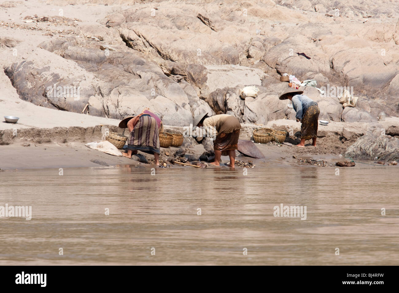 Les Laotiens orpaillage sur le Mékong. De l'eau faible leur permet d'avoir accès aux domaines qui ne sont pas accessibles lorsque la rivière est à vendre Banque D'Images