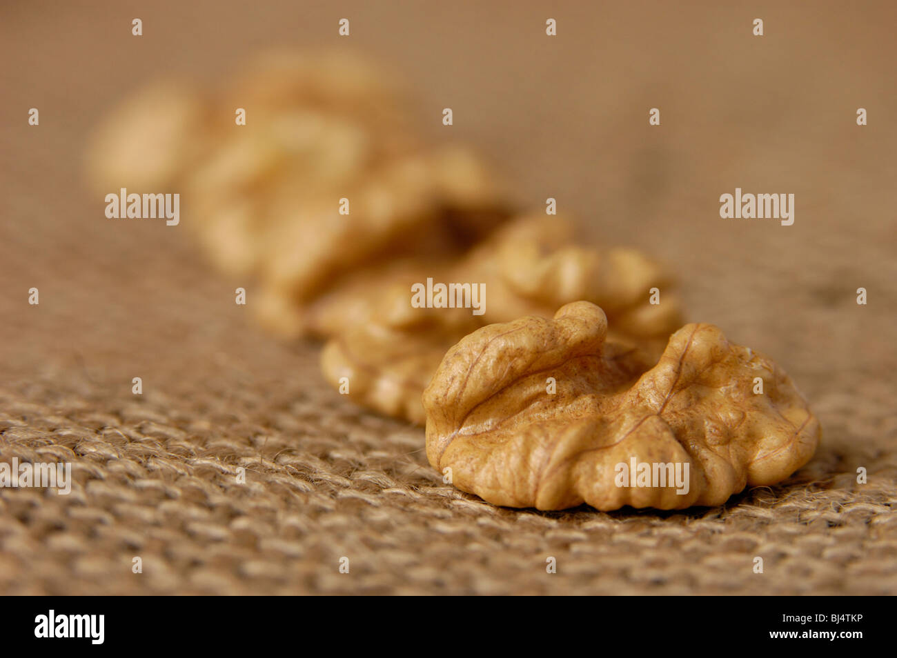 Les cerneaux de noix au fond des sacs gros plan avec une faible profondeur de champ artistique vie toujours des aliments Banque D'Images