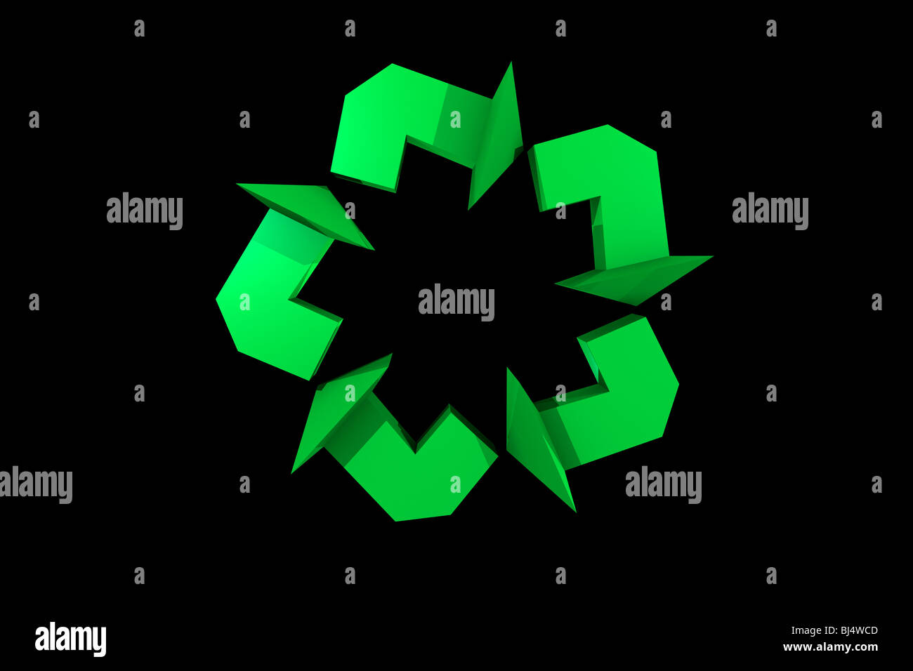 Symbole de recyclage, l'étoile à 5 grâce à la redondance des flèches sur fond noir, vue de côté. Banque D'Images