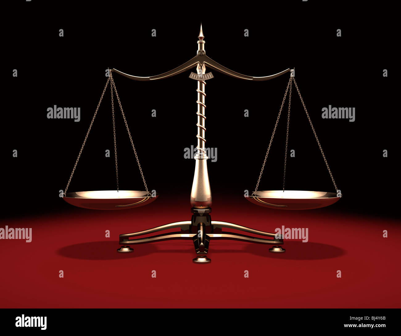 D'une balance équilibrée brass symbole Droit et Justice isolé sur fond rouge noir Banque D'Images