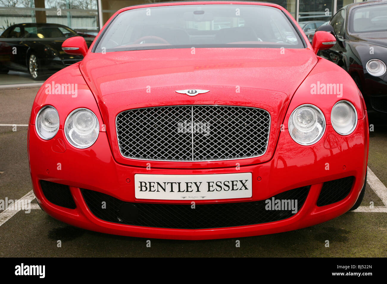 Nouvelle voiture Bentley rouge sur les ventes avant-cour Banque D'Images