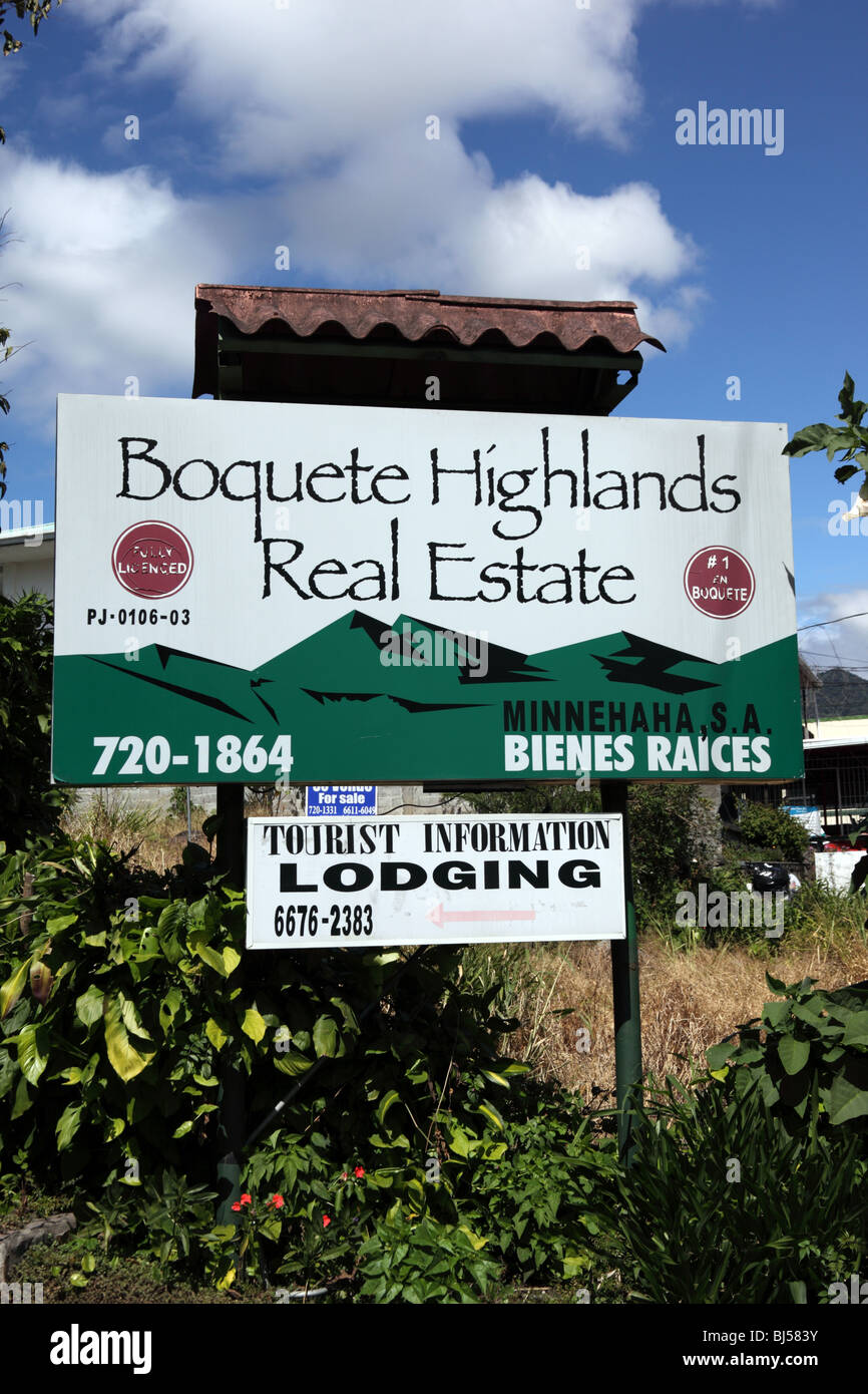 Boquete Highlands Agence Immobilière signe d'affaires à Boquete, Chiriqui Province, Panama Banque D'Images