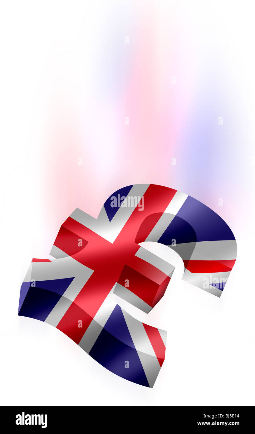 Pound £ Symbole dans 3-D trois dimensions chute avec UK Royaume-Uni Grande-Bretagne Angleterre Ecosse drapeau Union Jack Banque D'Images