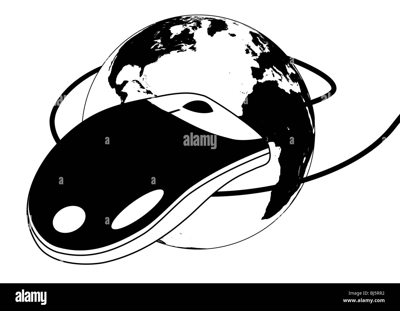 Noir et blanc la souris de l'ordinateur avec câble autour du globe avec carte du monde. Banque D'Images