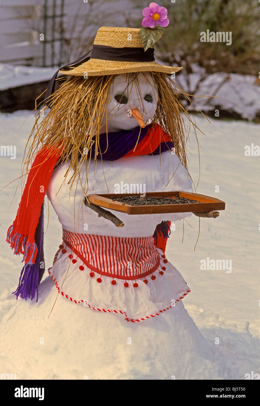 Dame neige, Snowlady, bonhomme de neige, à nourrir les oiseaux l'bac de semences Banque D'Images