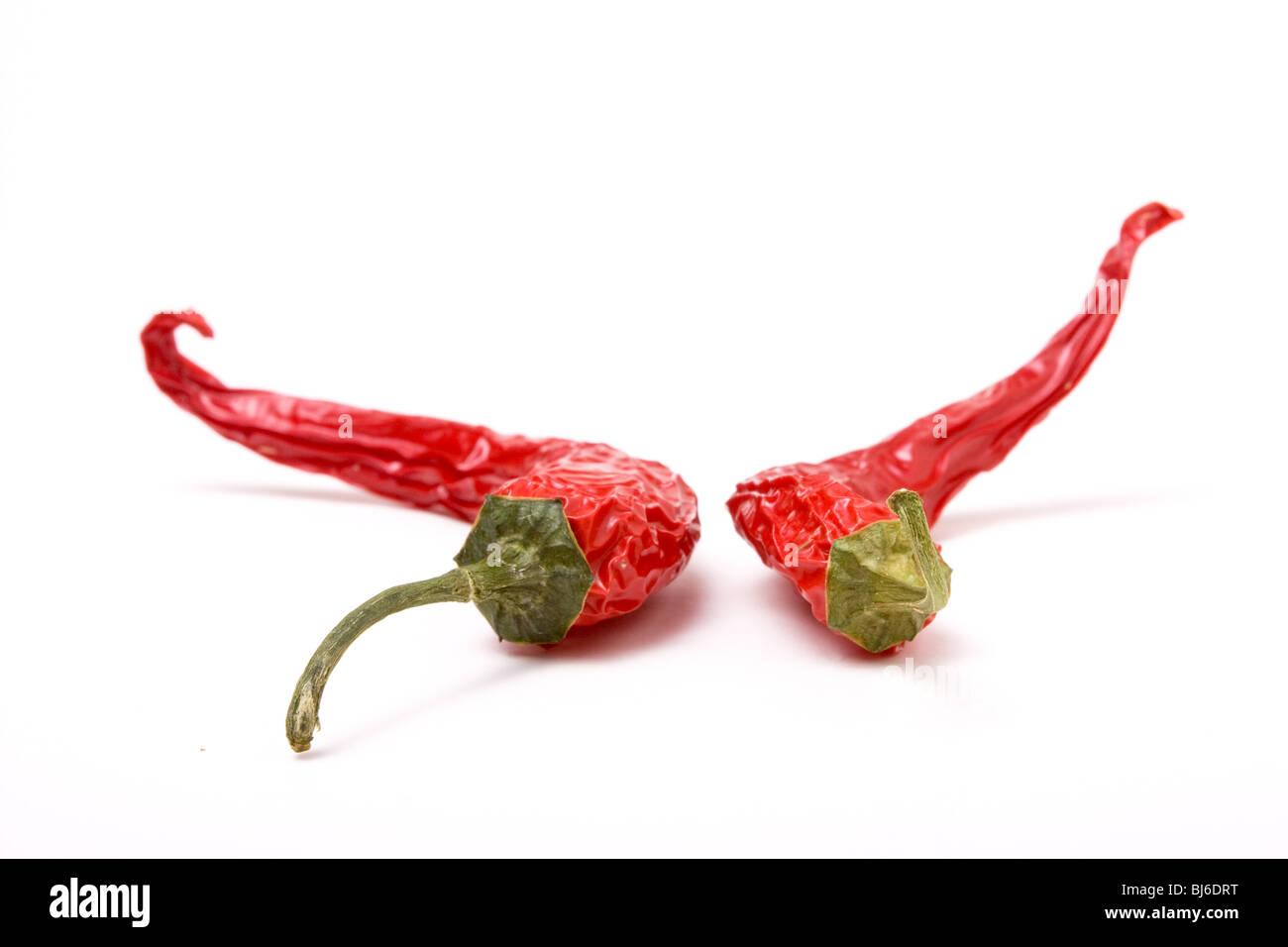 Froissé rouge vibrant chili's isolés contre fond blanc avec une faible concentration. Banque D'Images