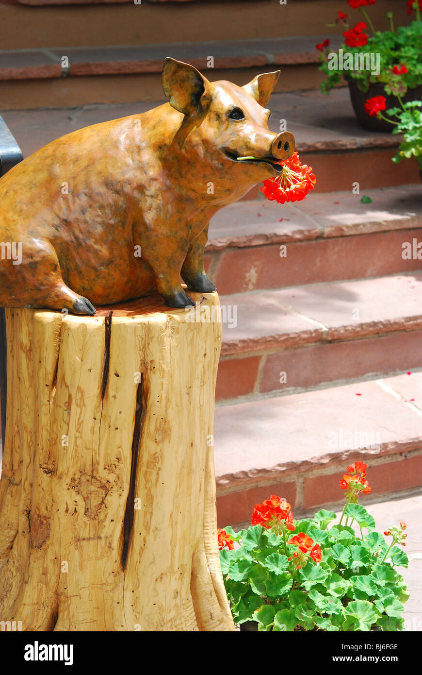 Un cochon en bois sculpté avec une fleur dans le museau à Santa Fe, Nouveau Mexique Banque D'Images