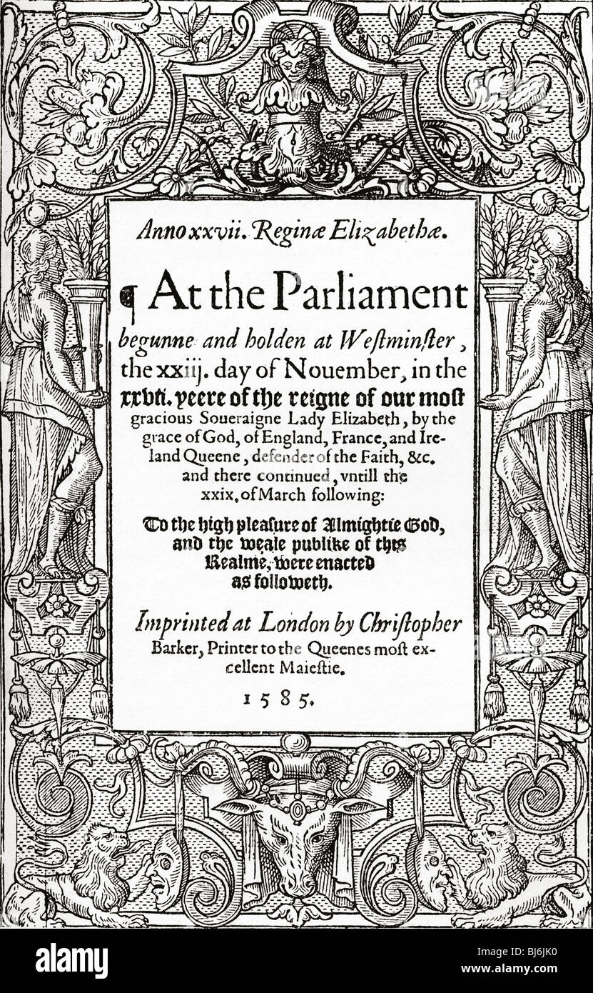 Page de titre de lois du Parlement, 1585. Banque D'Images