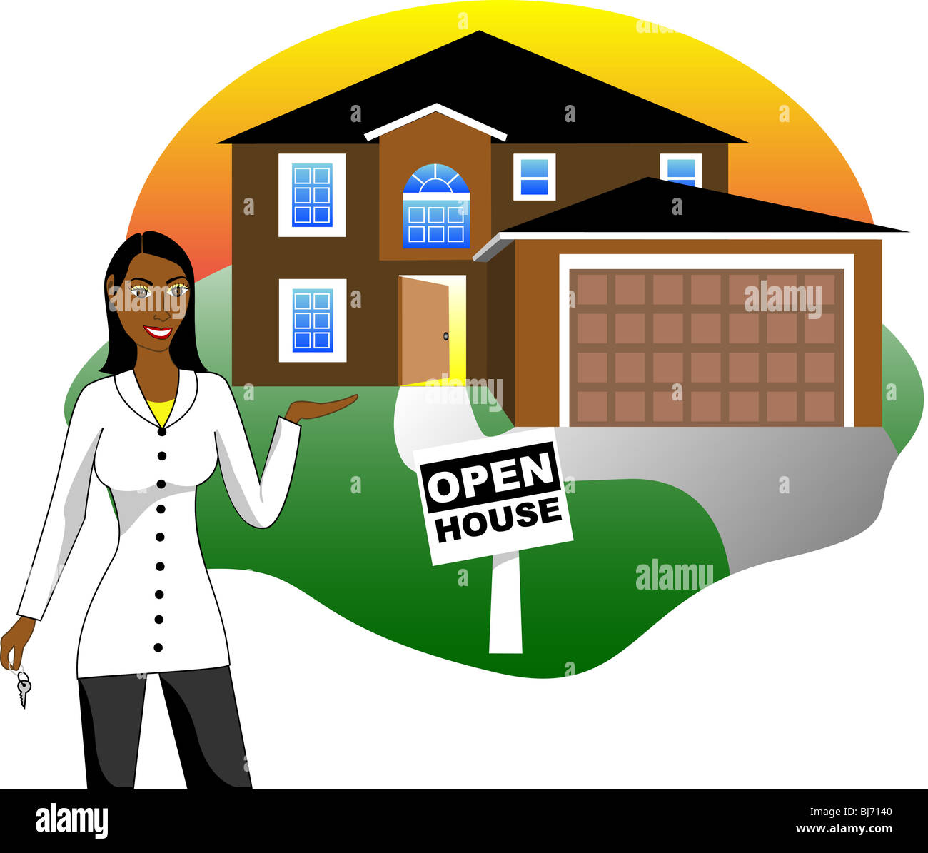 Vector Illustration. Un agent immobilier avec des clés de l'annonce d'un affichage des portes ouvertes. La version 3 de 6. Banque D'Images