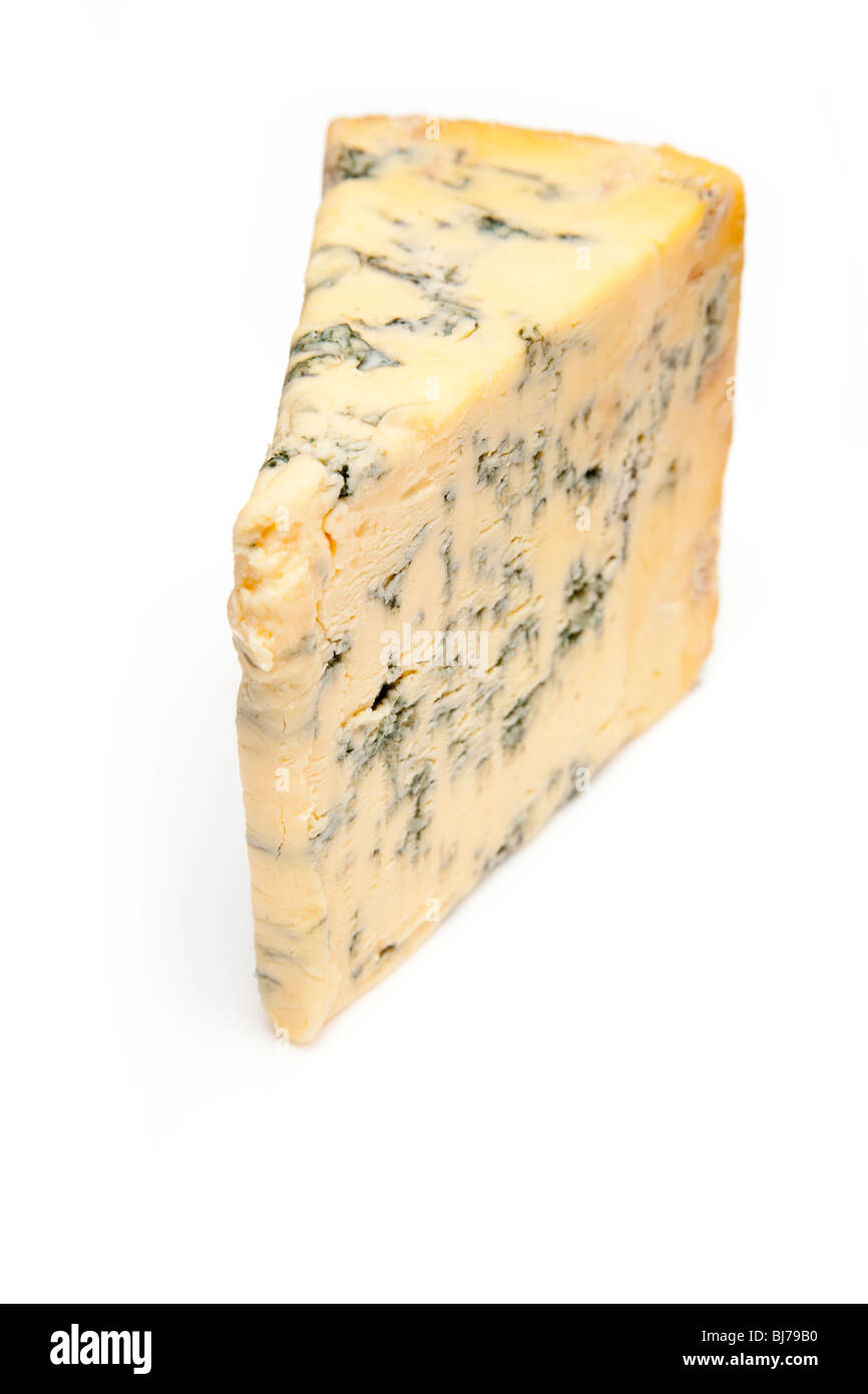 British bleu ( ) Stilton cheese wedge isolated on a white background studio. Banque D'Images