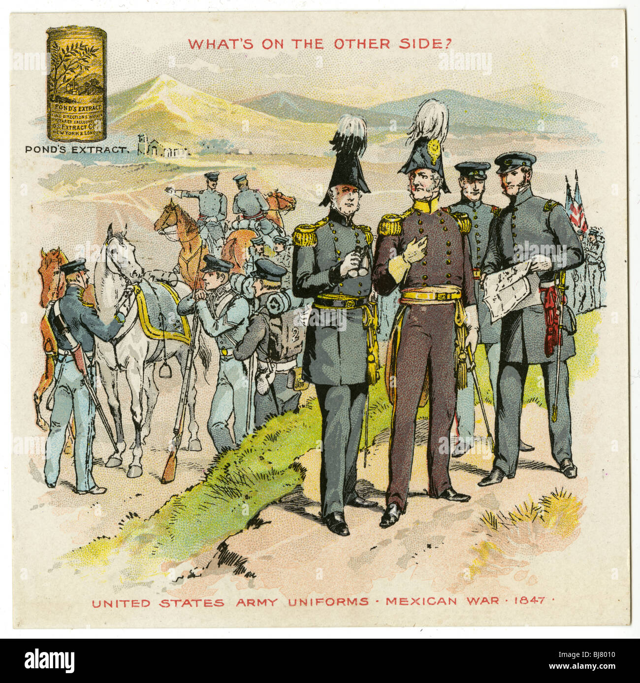 Vers 1890 Victorian trade card pour extraire de l'étang. United States Army Uniforms, Guerre du Mexique, 1847. Banque D'Images