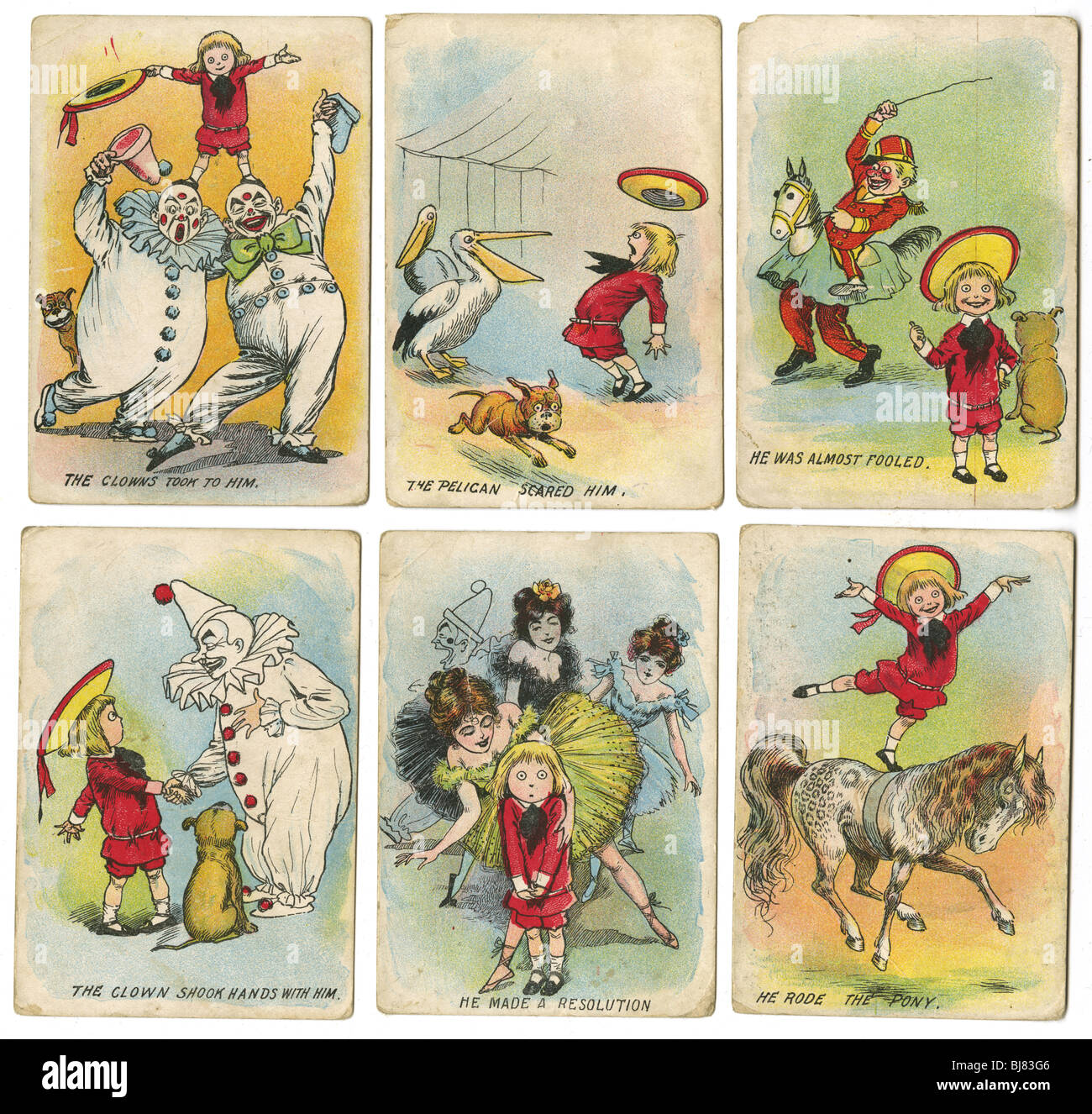 Six vers 1904 'Buster Brown au cirque' trading cards, avec tige le chien, par R.F. Outcault. Banque D'Images