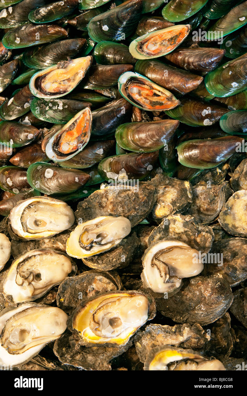 Moules aux orles verts et les huîtres en vente au marché de poissons, de Manille, Philippines Banque D'Images