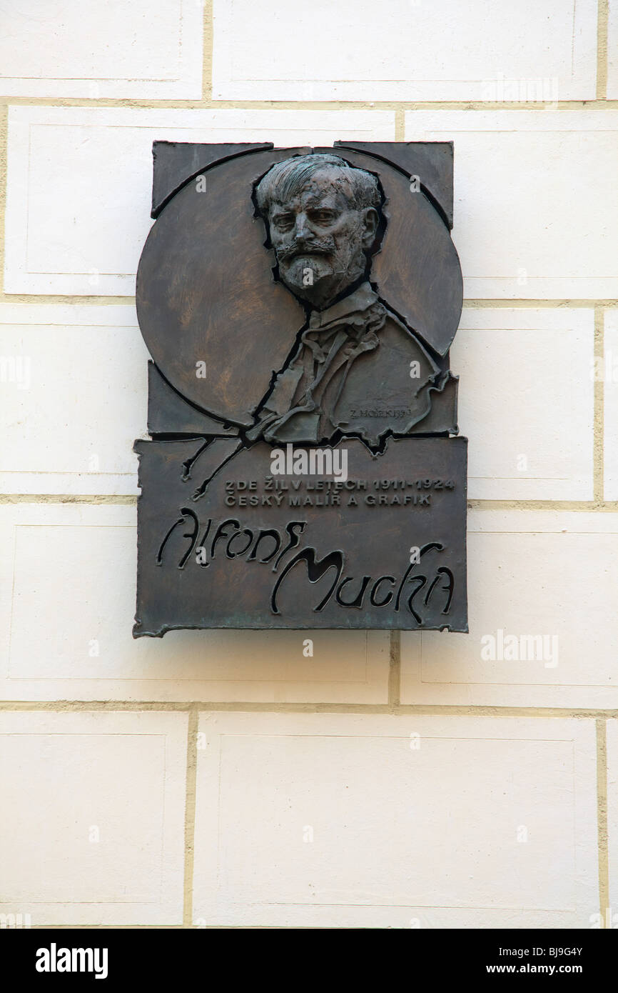 Plaque commémorative marquant le Alphonse Mucha Museum Banque D'Images