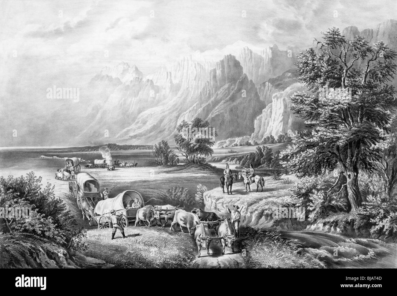 Lithographie en noir et blanc vers 1866 intitulée "Les Montagnes Rocheuses - emigrants traversant les plaines. Banque D'Images