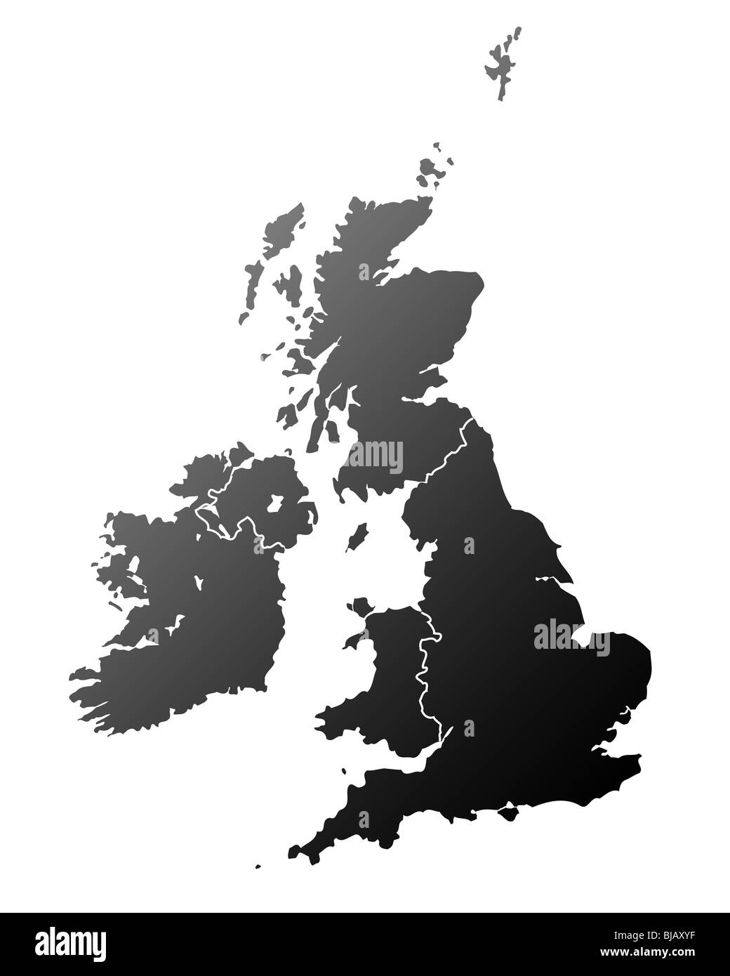 La silhouette du plan de Royaume-Uni et Irlande, isolé sur fond blanc. Banque D'Images