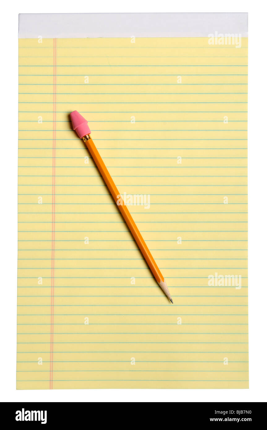 Bloc-notes jaune jaune avec crayon et gomme - With clipping path Banque D'Images