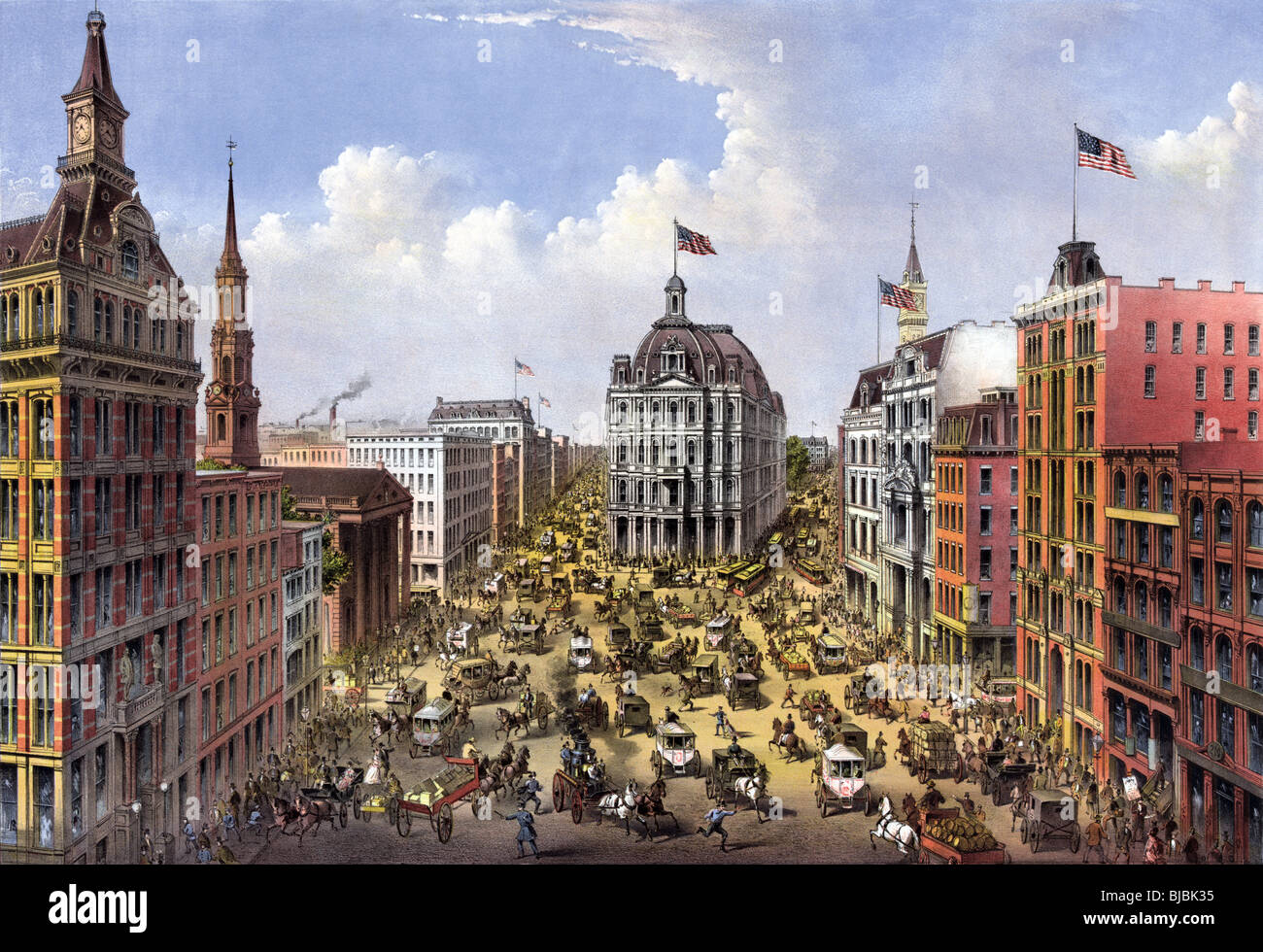 Lithographie en couleur vers 1875 de Broadway à New York City comme vu à au nord de la Western Union Telegraph Building. Banque D'Images