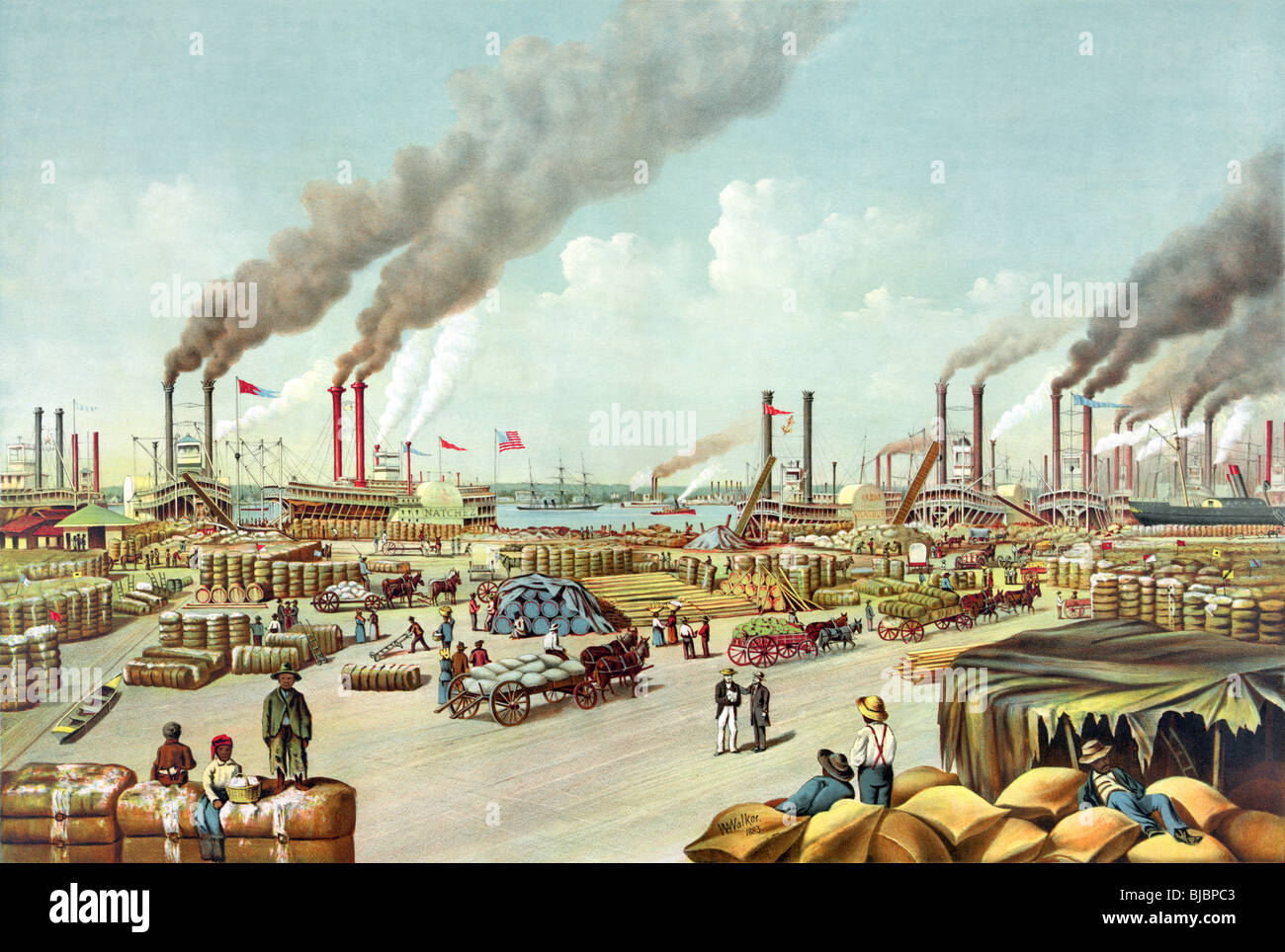 C1884 lithographie illustrant le port très animé de La Nouvelle-Orléans sur le fleuve Mississippi, tel qu'il était au 19e siècle. Banque D'Images