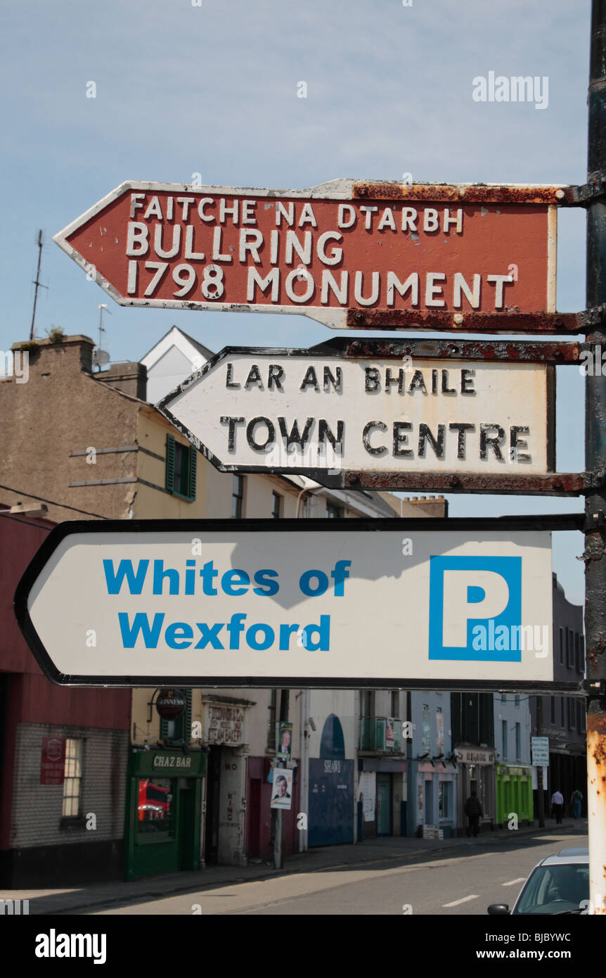 Des panneaux de direction touristique sur le quai de la ville de Wexford, Co Wexford, République d'Irlande. Banque D'Images