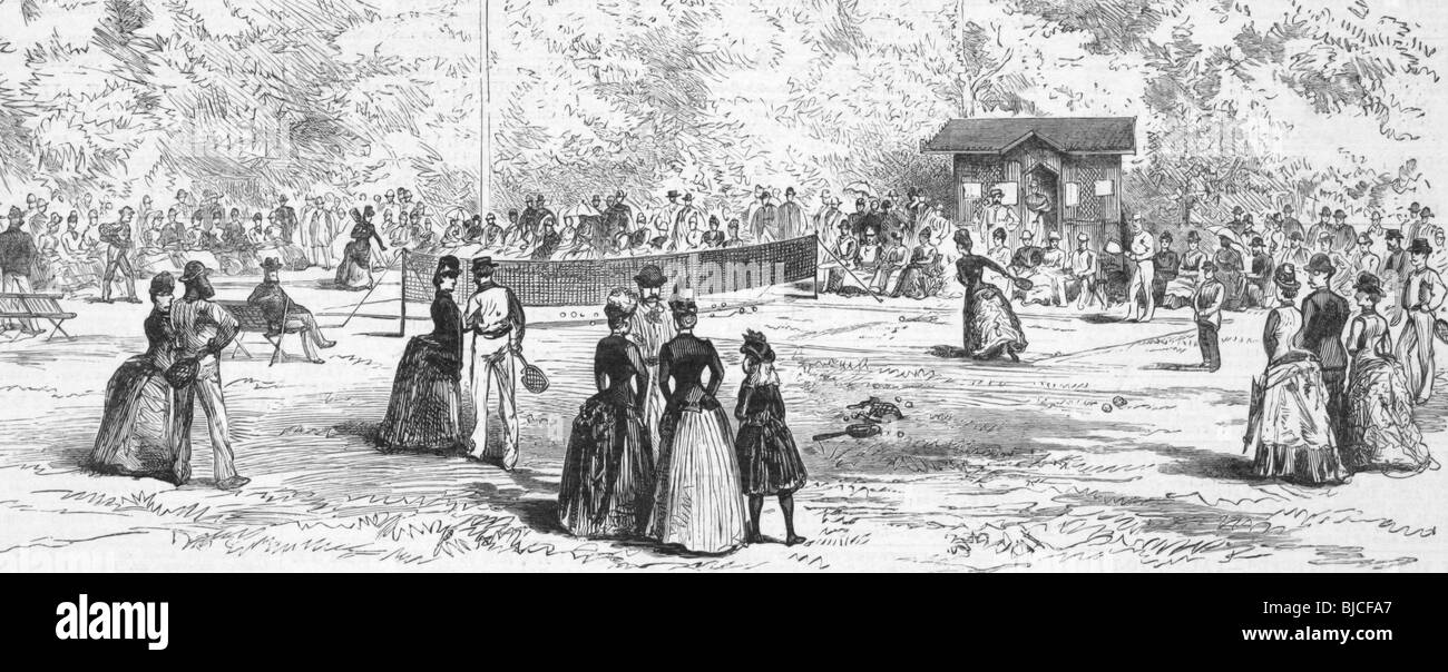 19e siècle en tennis, Homburg gravure sur l'Allemagne des années 1800. Publié par l'Illustrated London News en 1887. Banque D'Images