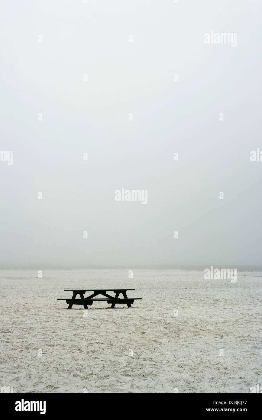 Table de pique-nique, plage vide brumeux Banque D'Images