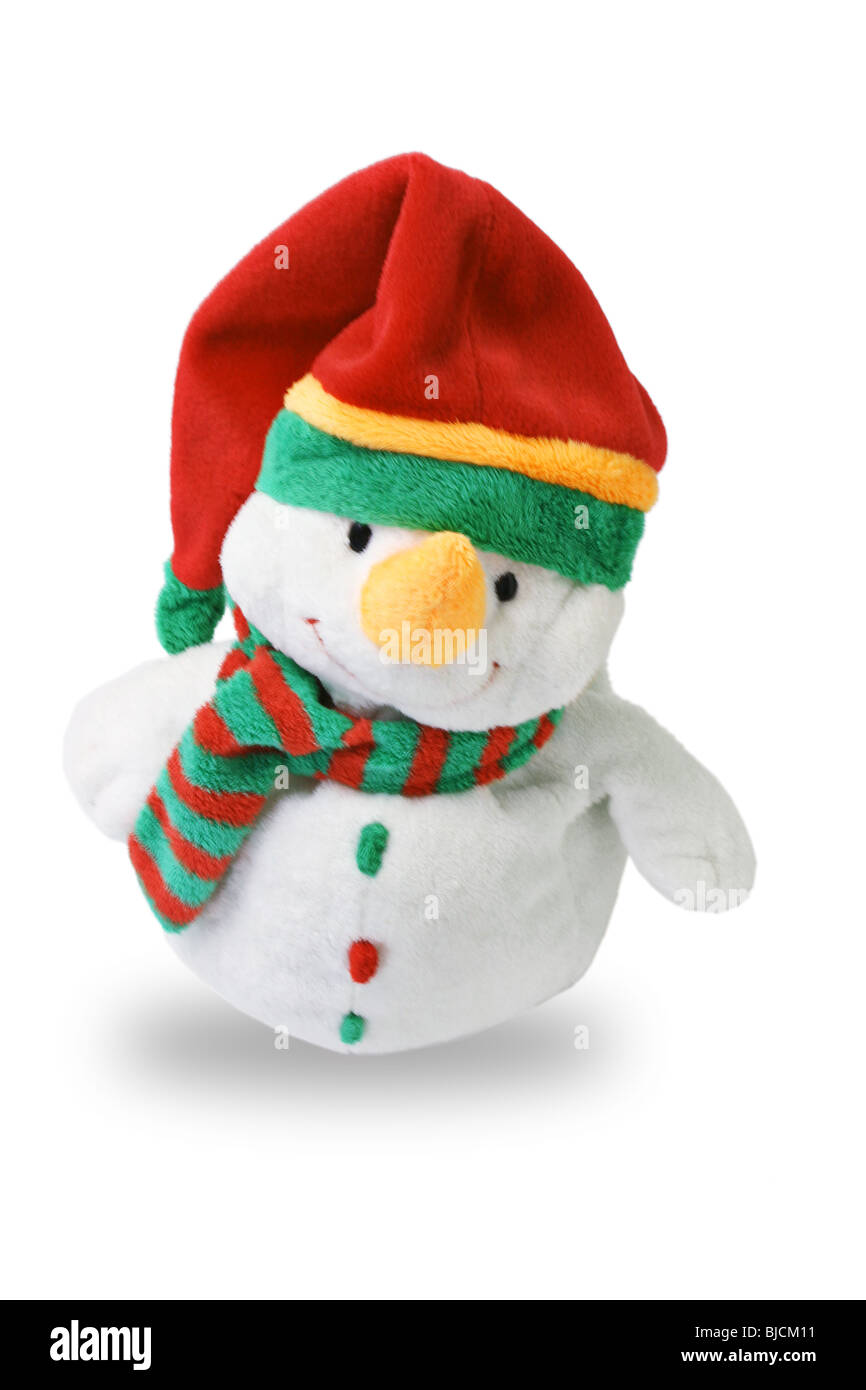 Doux Noël jouet poilu - gai bonhomme blanc avec rouge Santa hat and scarf bandes verte et rouge isolé sur fond blanc Banque D'Images