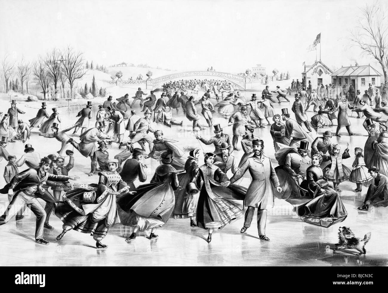 Lithographie en noir et blanc vers 1862 par Currier & Ives intitulée "Central Park Winter - l'étang de patinage". Banque D'Images