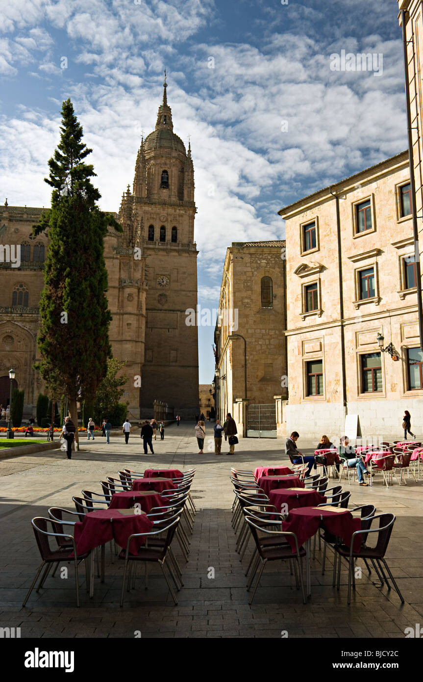 Tables de café en face de la tour de Catedral Vieja (ancienne cathédrale) Salamanque, Castille et Leon, Espagne Banque D'Images