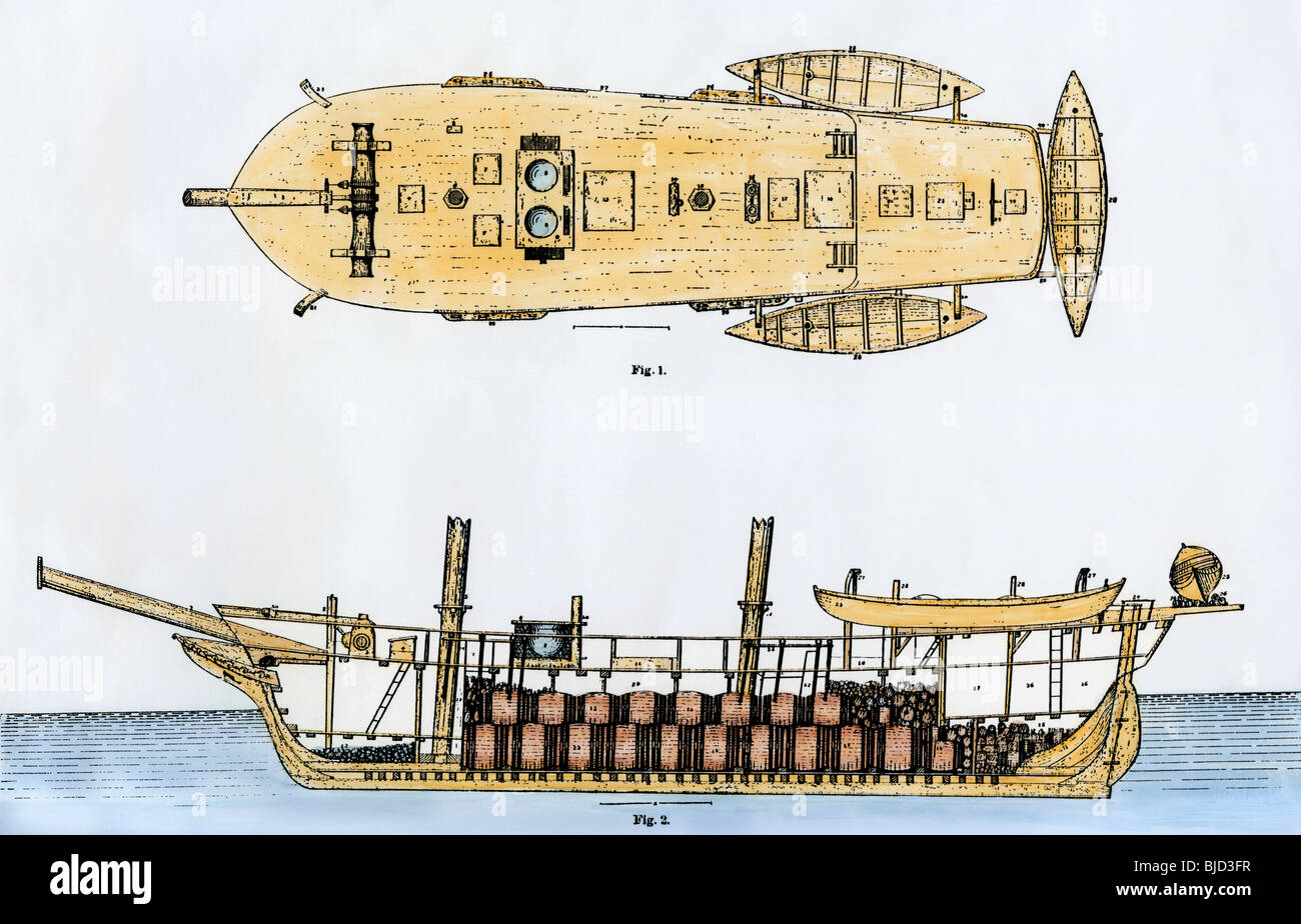 Plan de pont et vue en coupe du schooner 'Amelia' à la baleine de New Bedford, Massachusetts, 1800. À la main, gravure sur bois Banque D'Images