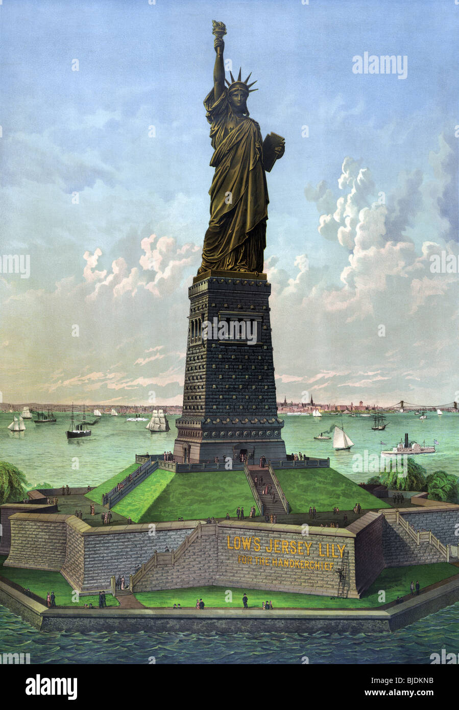 Lithographie impression couleur Vintage circa 1883 de la Statue de la Liberté - officiellement intitulée "La Liberté éclairant le monde". Banque D'Images