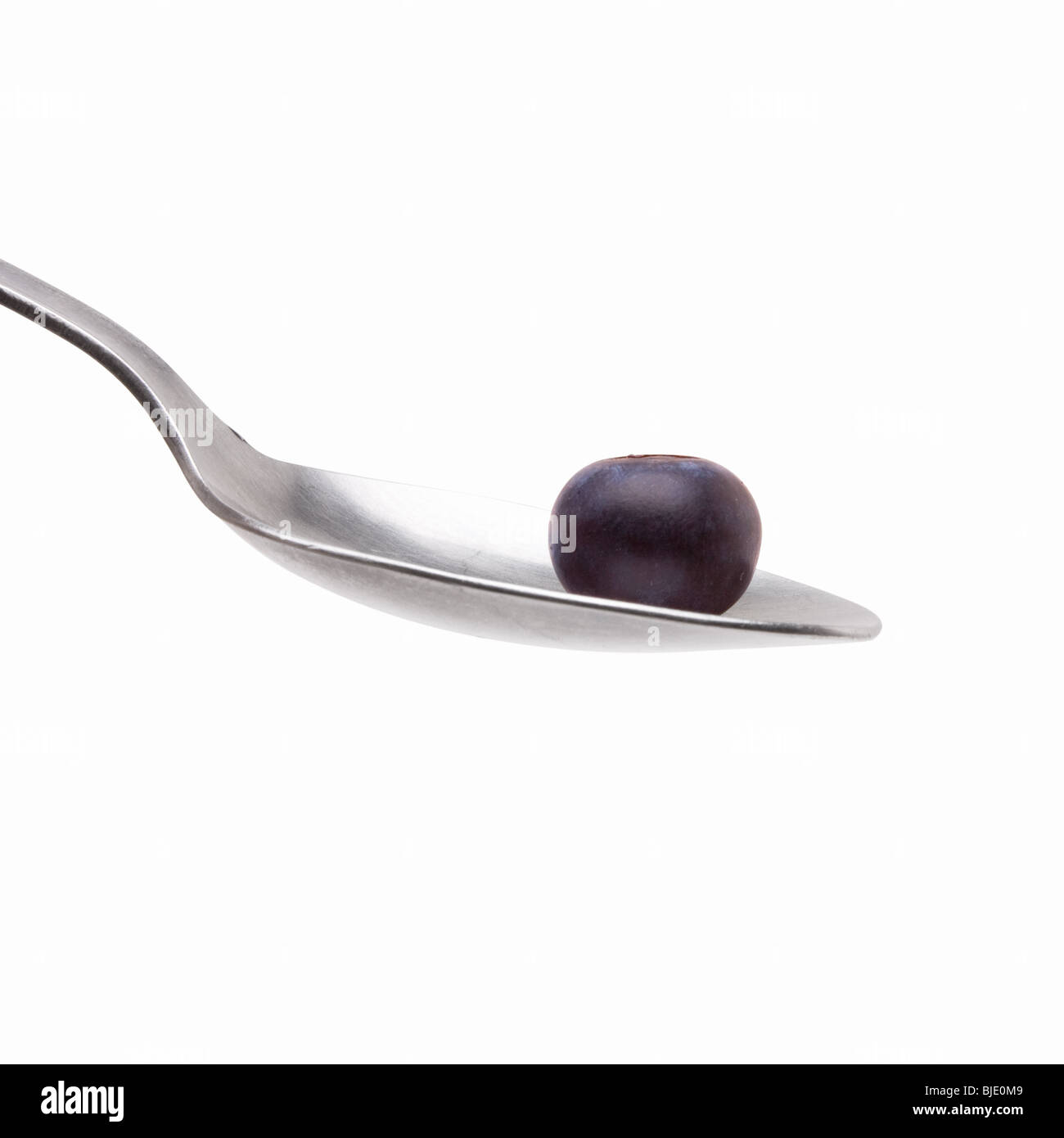 Blueberry assis dans bol de Cuillère en acier inoxydable isolés contre white y compris chemin de détourage. Banque D'Images