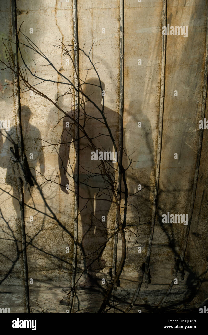 Les branches d'arbres ressemblant à des fils de fer barbelés comme les hommes et les femmes de l'ombre passent dans l'arrière-plan Banque D'Images
