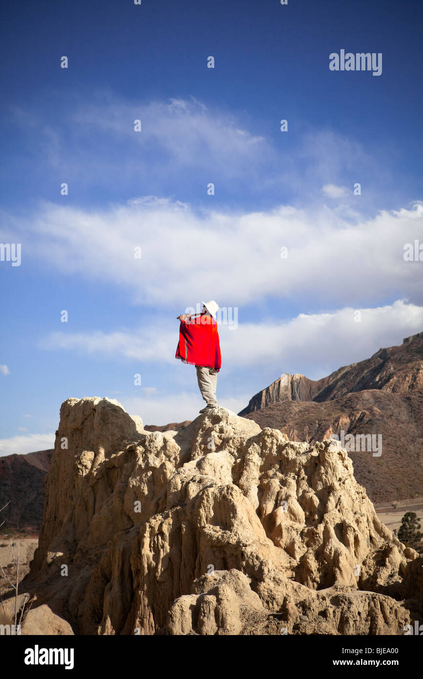 Musicien et l'argile à la vallée de la Lune (Valle de la Luna) à La Paz Bolivie Altiplano Andes Cordillère Real Amérique du Sud Banque D'Images