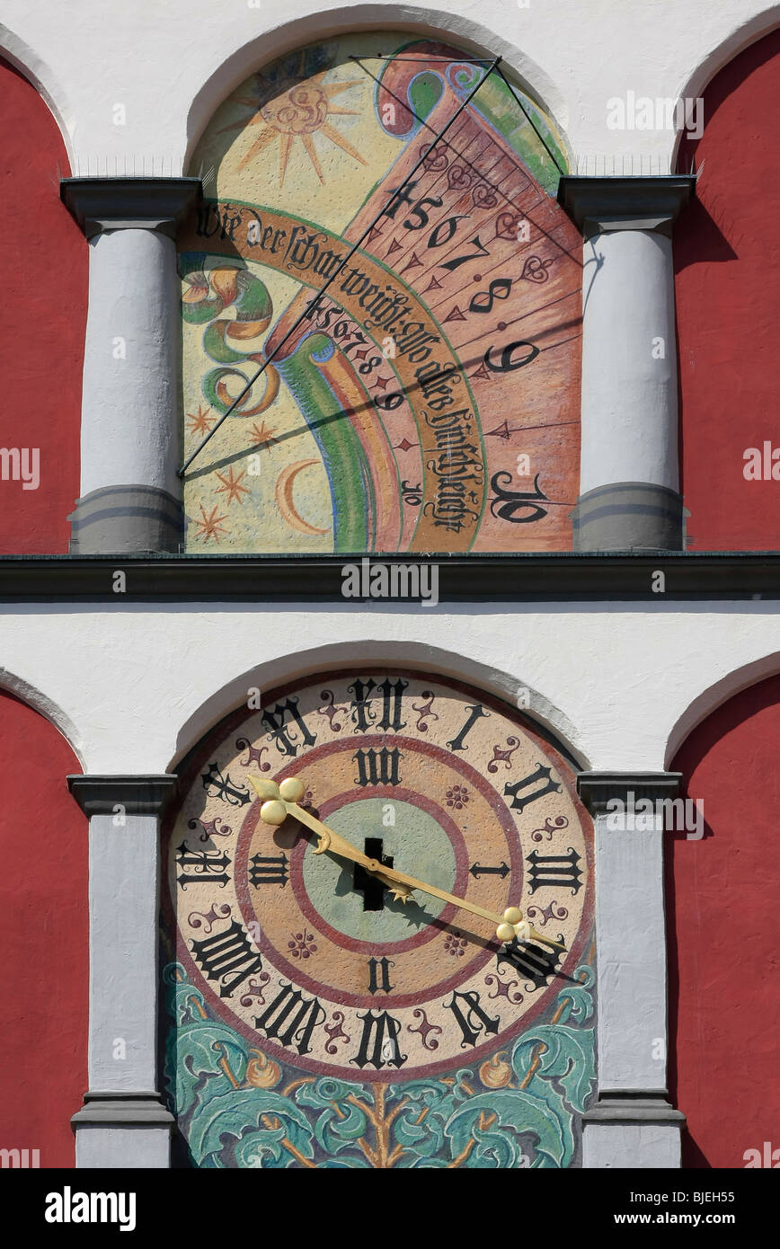 Tour de l'horloge de la tour de la ville de Wangen im Allgaeu, Allemagne, close-up Banque D'Images