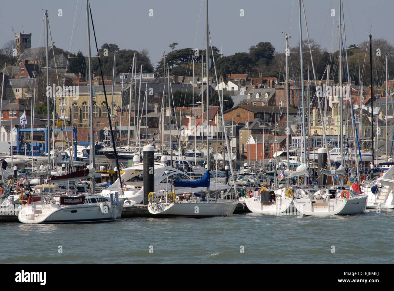 Yachts et bateaux à moteur amarré au quai Shepards Marina, West Cowes (île de Wight, Royaume-Uni Banque D'Images