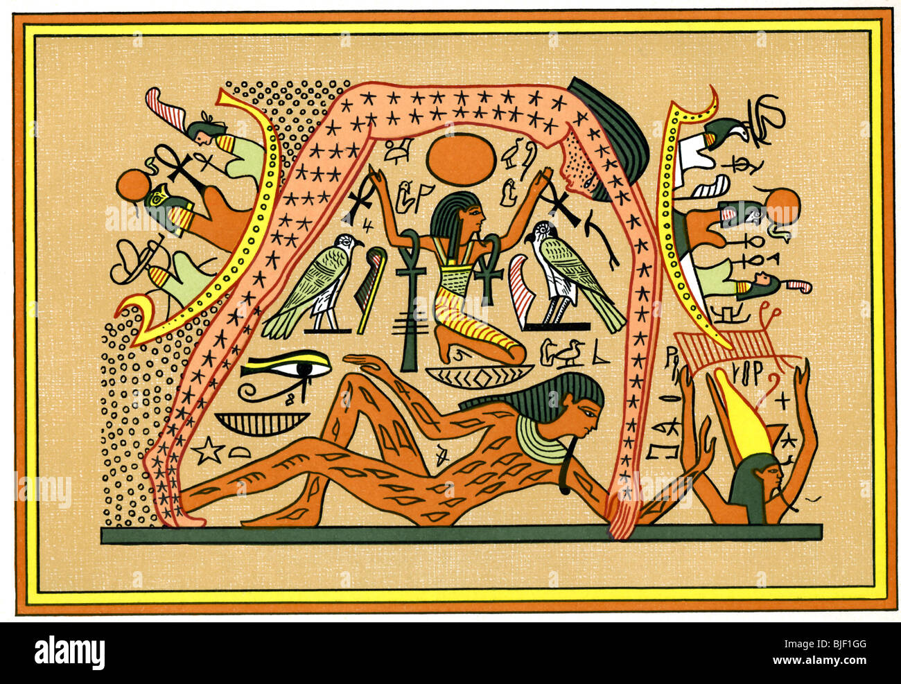 L'illustration montre Seb, un dieu de la terre, de l'écrou à l'appui, une déesse du ciel et de l'épouse de Seb. Banque D'Images