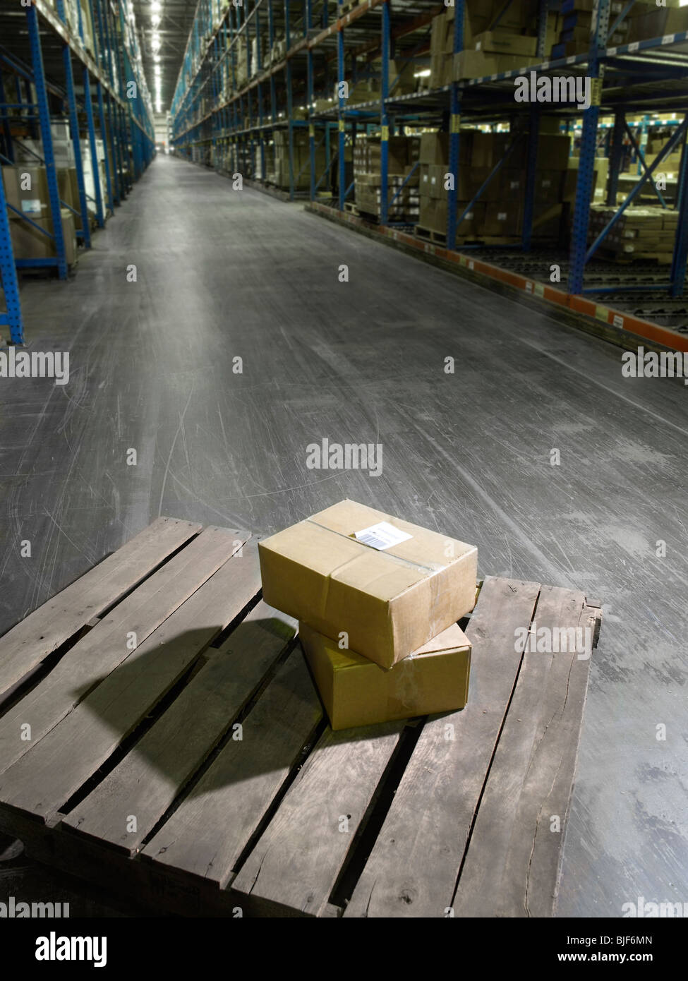 Des boîtes sur palette dans un grand entrepôt, Philadelphie, USA Banque D'Images