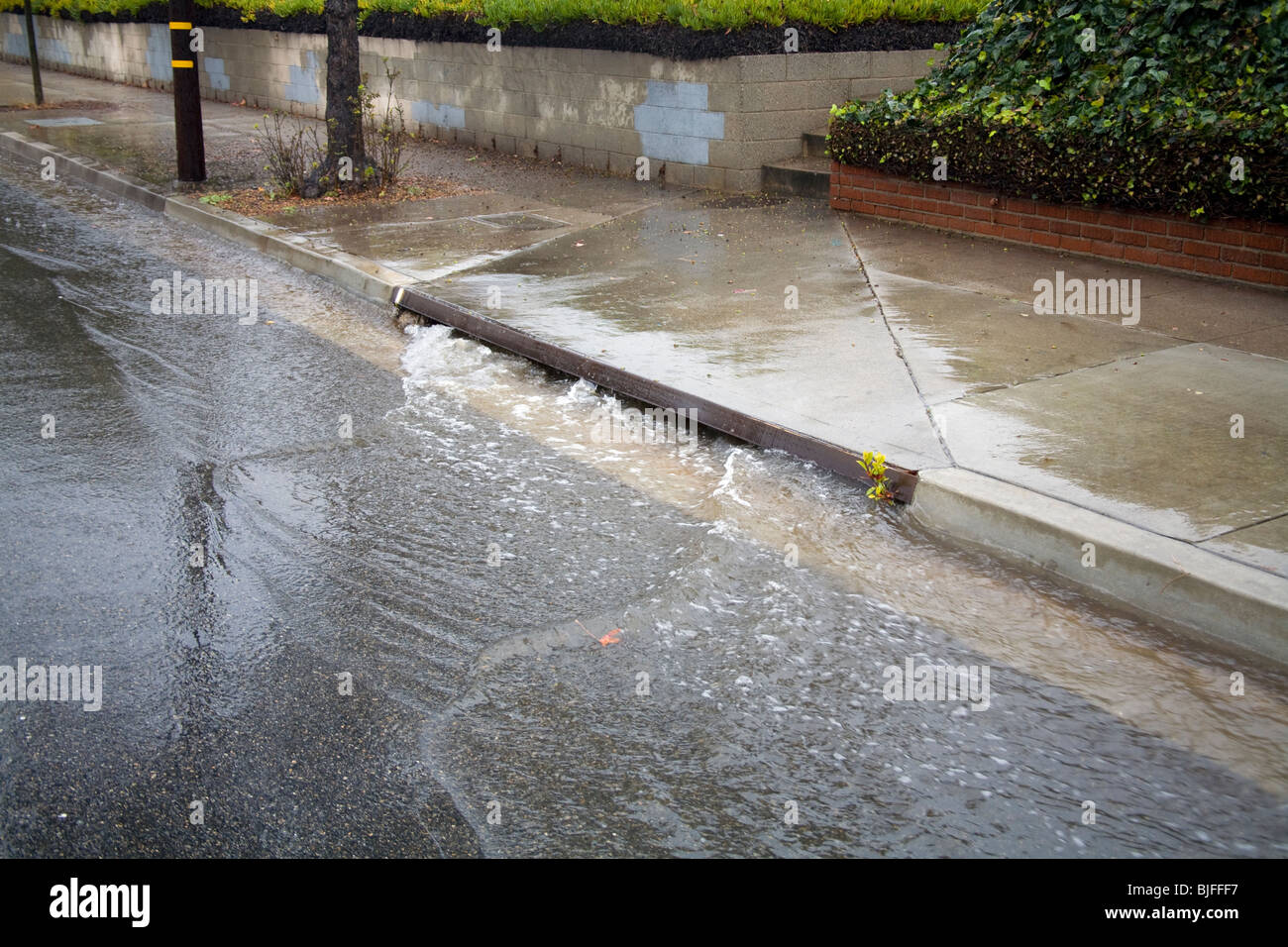De fortes pluies dans les rues d'écoulement dans les caniveaux de la rue et d'eaux pluviales, Culver City, Californie, USA Banque D'Images
