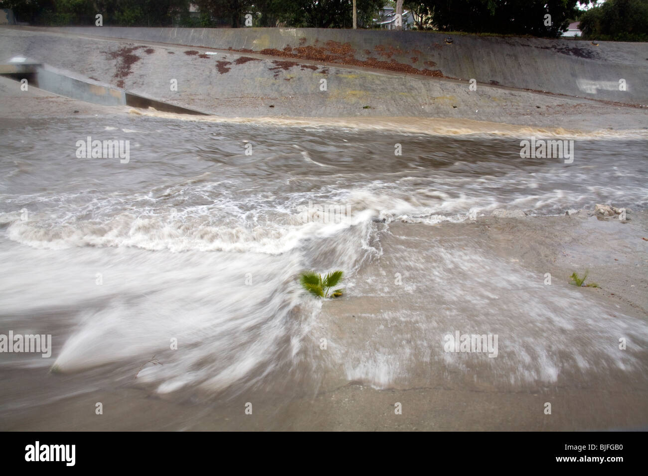 L'eau de pluie se déverse des tuyaux dans le ruisseau Ballona, neuf mille d'eau qui draine le bassin de Los Angeles. Culver City Banque D'Images